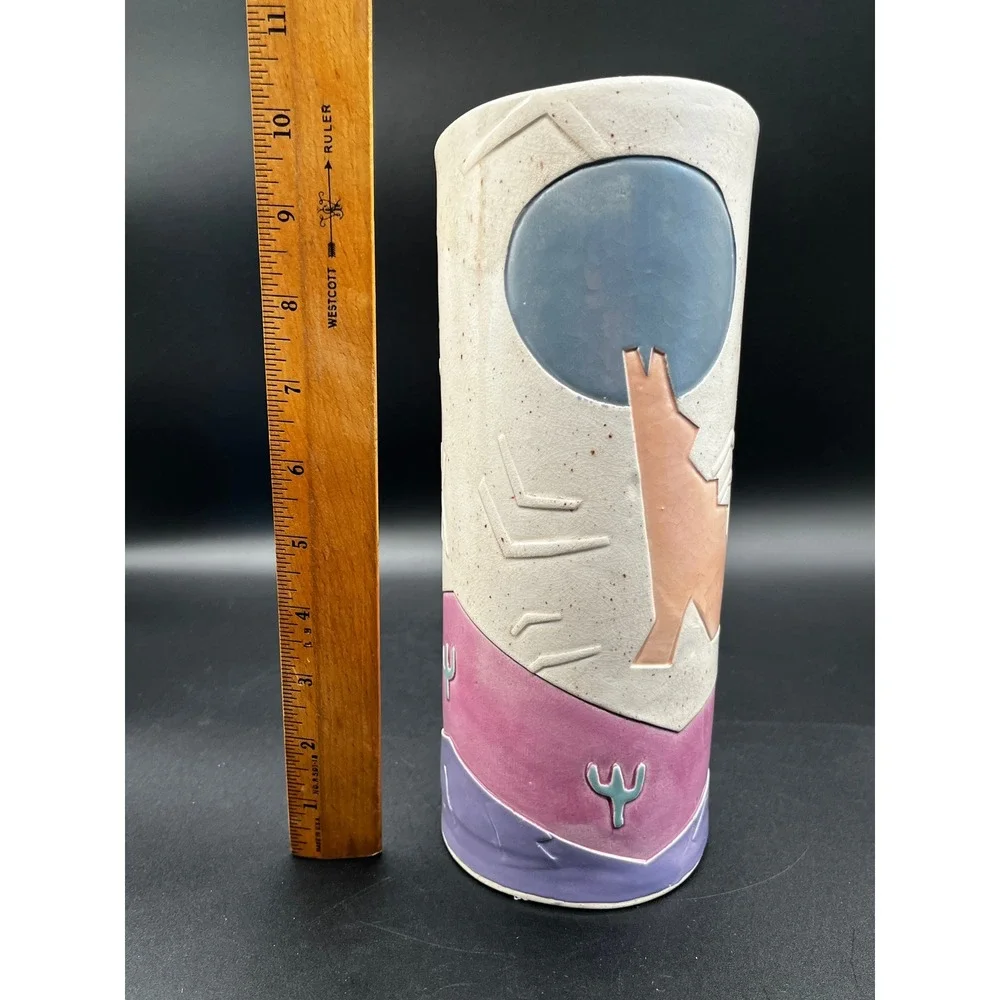 1990 Southwestern Studio Pottery Coyote Moon Vase Signed 10.25